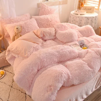 İskandinav Kış Saf Renk Peluş Nevresim Sıcak Çarşaf Set Güzel Yastık Kapakları Lüks Kürklü Yatak Setleri