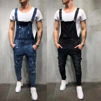 QNPQYX Yeni Moda Erkekler Yırtık Kot Sıkıntılı Denim Tulum Erkek Streetwear Marangoz Hip Hop Pantolon Askı Pantolon Büyük Boy