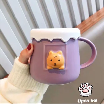 Yaratıcı Eğilim Büyük Kapasiteli Seramik Kupa Kupa Süper Meng Sevimli Çift Kahve kapaklı bardak kaşık Kahvaltı süt kupası