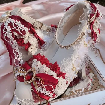 Çay Partisi El Yapımı Şarap Kırmızı Beyaz Yüksek Topuk 8cm Cosplay Tıknaz Topuk Lolita Ayakkabı Kawaii Tatlı Kızlar Sivri Burun düğün ayakkabısı