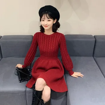 2022 Yeni Sonbahar Kış Zarif Elbise kadın Moda Uzun Kollu Sıcak Kazak Bayanlar Kore İnce Rahat Vintage Elbiseler E9