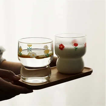 260 ml Modern Minimalist çiçek süt kahvaltı kupalar borosilikat ısıya dayanıklı cam Lady karikatür çiçek fincan suyu kupa