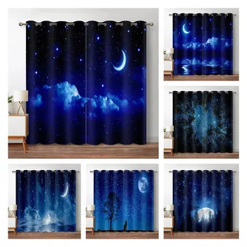 Gece Ay Perdeleri Oturma Odası Ev Dekor için Yıldızlı Gökyüzü Orman Pencere karartma perdesi Sol ve Sağ Biparting Açık 2 Panel