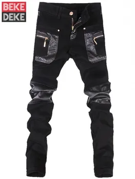 Moda Erkek Suni Deri Patchwork kalem pantolon Casual Streetwear Siyah Pantolon Slim Fit Bahar Sonbahar Erkek Punk Tarzı Pantolon
