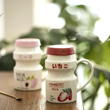 Mug Japanese Ceramics Yogurt Milk Cup Ins Wind With Cover Couple Breakfast Cups Fresh And Lovely Посудакружка Для Чая Большая